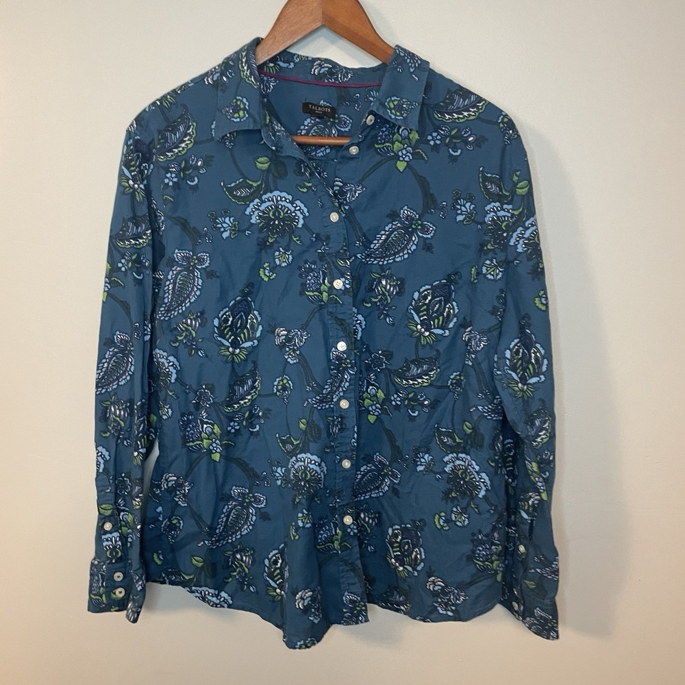 Talbots‎ Womens Teal Blue Paisley Top Size XLp Petite Long Sleeve